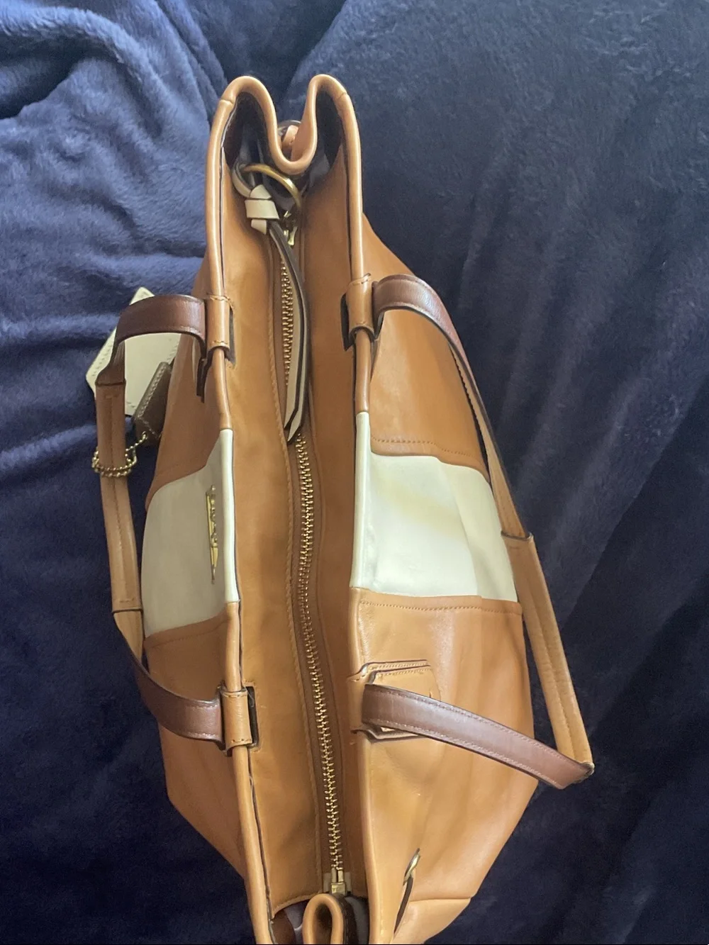 Coach Tan Leather Tote with Cream Center Stripe